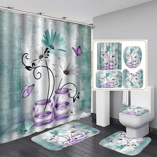 Butterfly & Flower Pattern Bathroom Shower Set, 4 Counts/set U-shaped Contour Toilet Mat Set, Bathroom Rug, Summer Gift Ideas, Summer Essentials