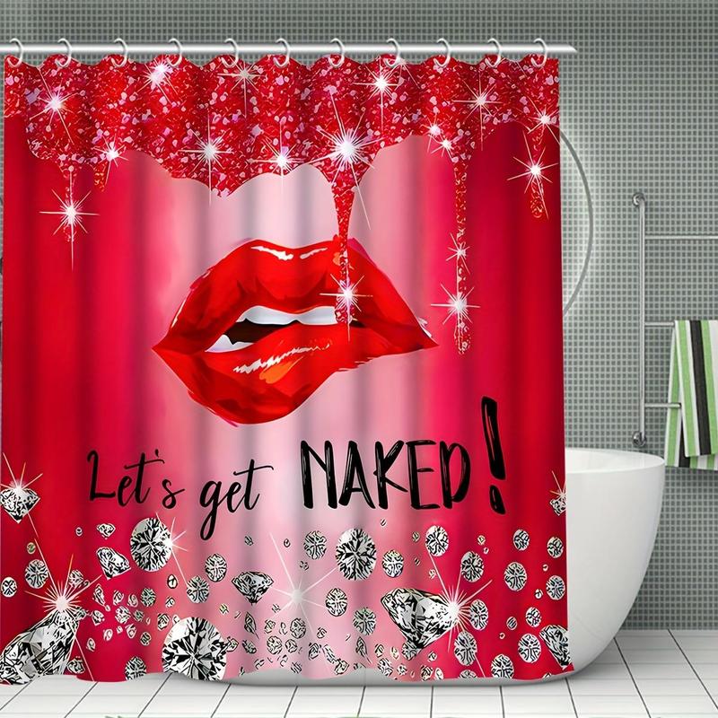 Letter & Lip Pattern Bathroom Set (4 Counts) Including 1 Count?Waterproof Shower Curtain (with 12 Hooks), 1 Count?Toilet Lid Cover, 1 Count?Rectangular Mat & 1 Count?U-shaped Mat, Bathroom Accessories