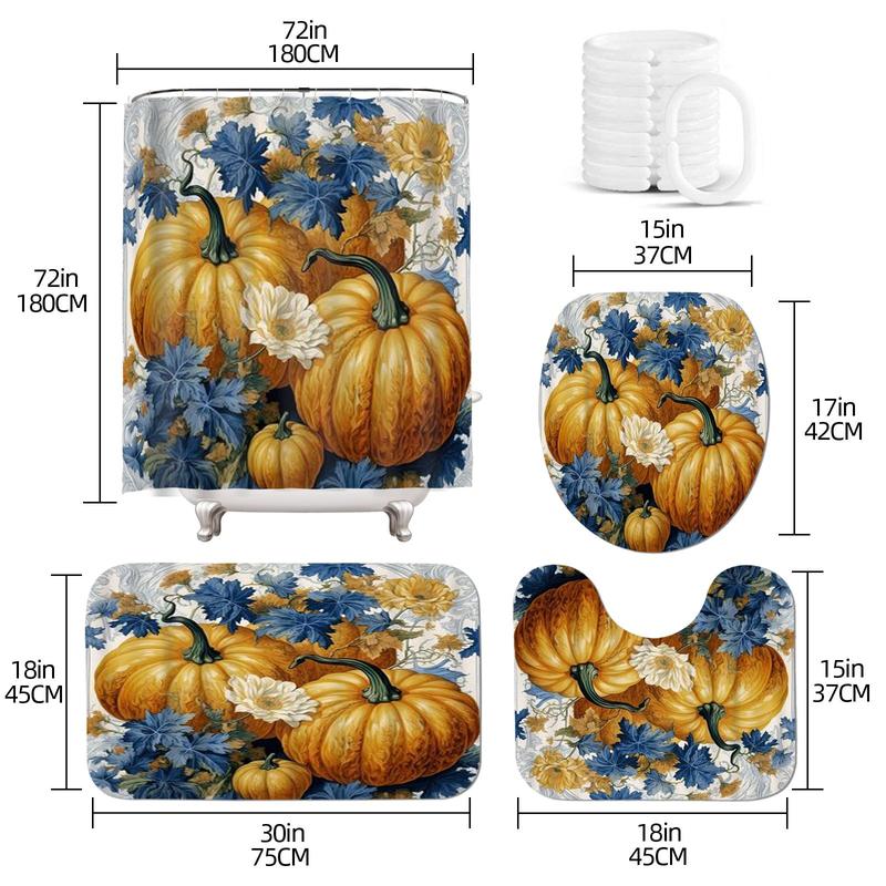 Pumpkin Pattern Bathroom Decor Set, 4 Counts/set Non-slip Bathroom Mat & Shower Curtain with 12 Hooks, Halloween Bathroom Decor, Bathroom Accessories