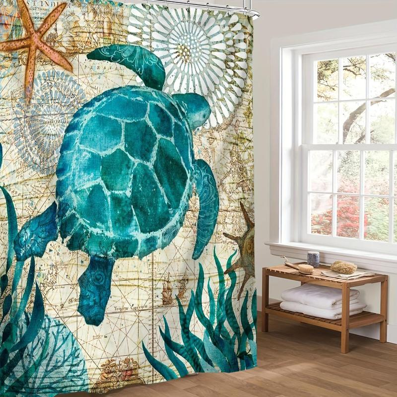 Sea Turtle Pattern Bathroom Decor Set, 4counts/set Bathroom Accessories, Including Shower Curtain, Bath Mat, Toilet Lid Cover and U-shaped Toilet Rug