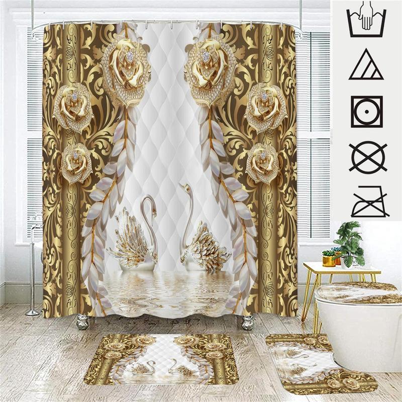 Swan Pattern Shower Curtain Set, 1 Count Shower Curtain with 12pcs Hooks & 1 Count U Shape Toilet Seat & 1 Count Bathroom Mat & 1 Count Toilet Seat Seat