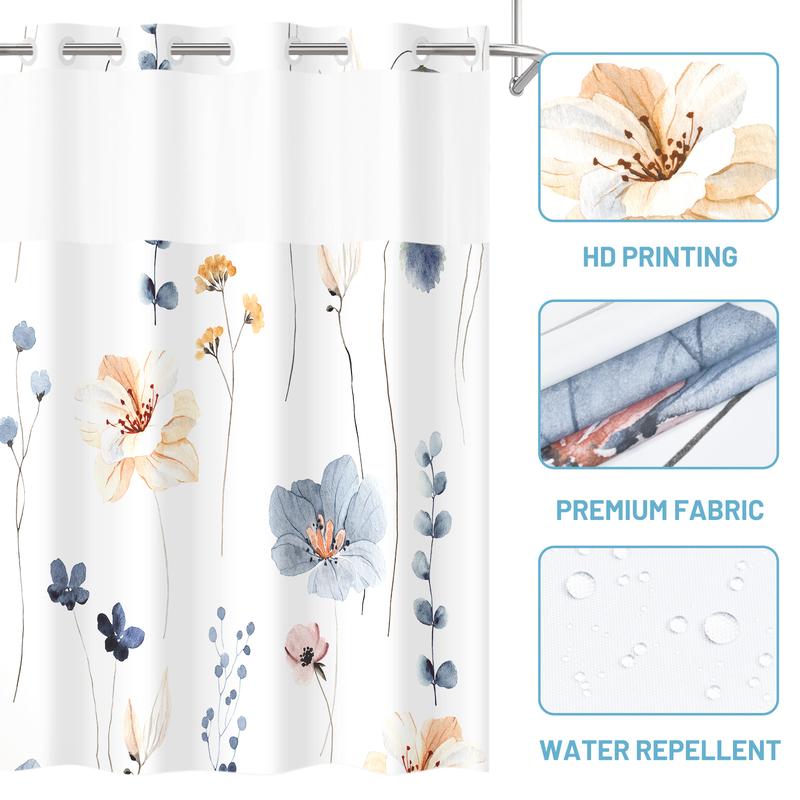 PUNKRAY No Hook Shower Curtain with Snap in Liner -  Fabric Waterproof Inner Liner, Plants Blue Beige Flowers White Cloth Shower Curtains Washable, 71 x 74 Inch / 71 x 86 Inch - Watercolor Floral Shower Curtain