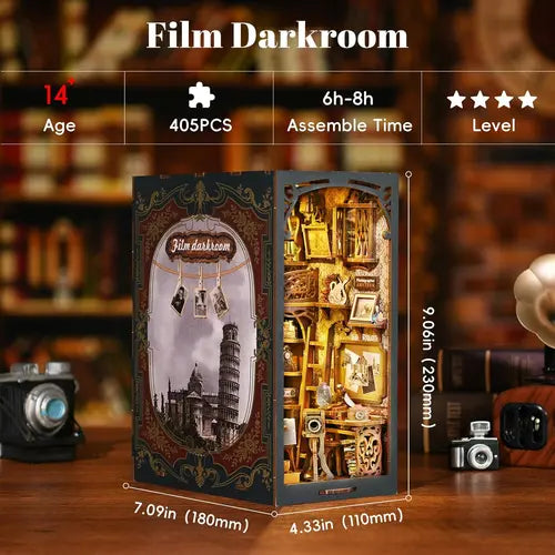 Film darkroom Book Nook Kit, Miniature Dollhouse Booknook Kit, 3D Wooden Puzzle Bookend Bookshelf Insert Decor with LED Light for Teens and Adults