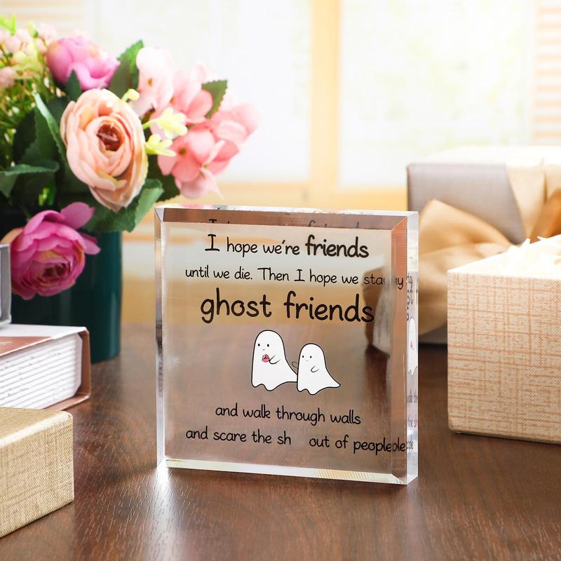 Creative Cartoon Ghost & Letter Pattern Square Acrylic Plaque, Desktop Decorative Ornament, Friendship Gift for Friend, Farewell Gift for Bestie, Keepsake for Home and Office Decor