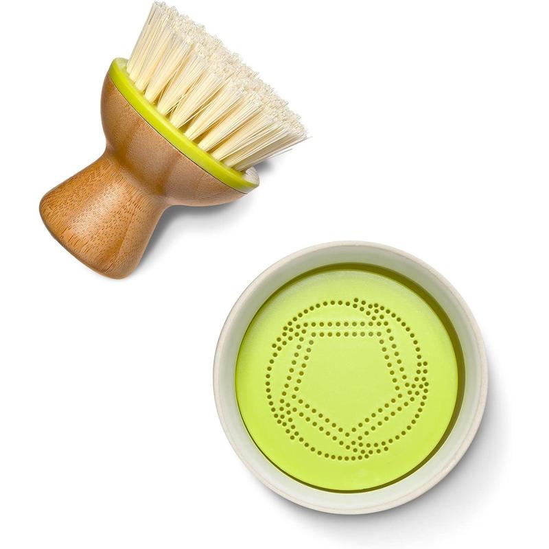 Bubble Up Ceramic Soap Dispenser & Bamboo Handle Dish Brush - Replaceable Kitchen Dish Scrubber with Soap Holder, White