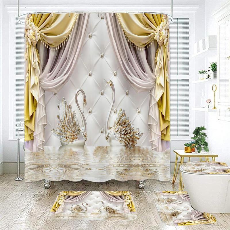 Swan Pattern Curtain Set, 4 Counts/set Including 3 Counts?Mats and 1 Count?Waterproof Shower Curtain with 12pcs Hooks, Bathroom Set