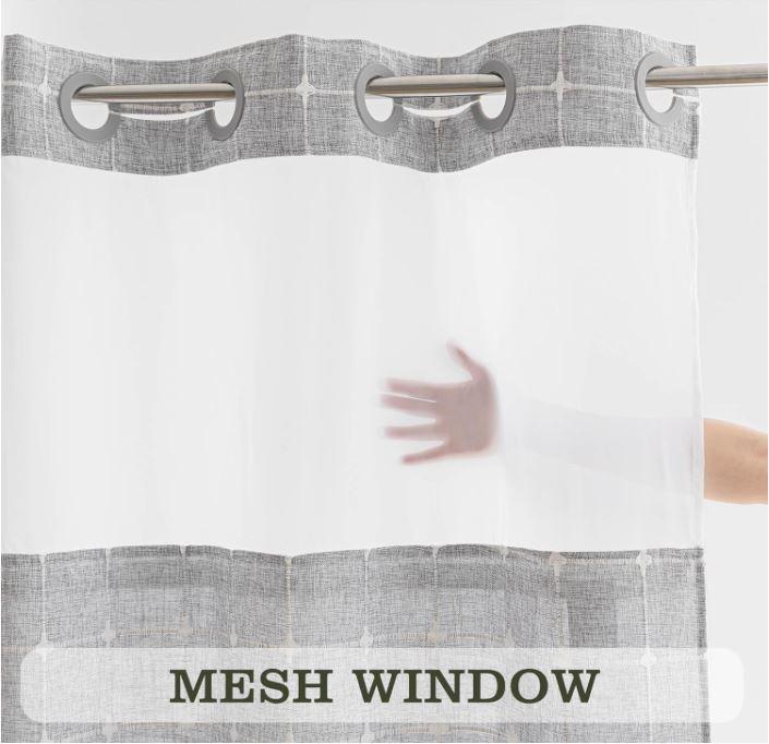 Farmhouse Shower Curtain with Snap-in Liner, No Hooks Needed Fabric Shower Curtains with Tassels for Rustic Bathroom Decor, with Window,with Magnets,Water Repellent&Machine Washable,Grey,71x74Inch