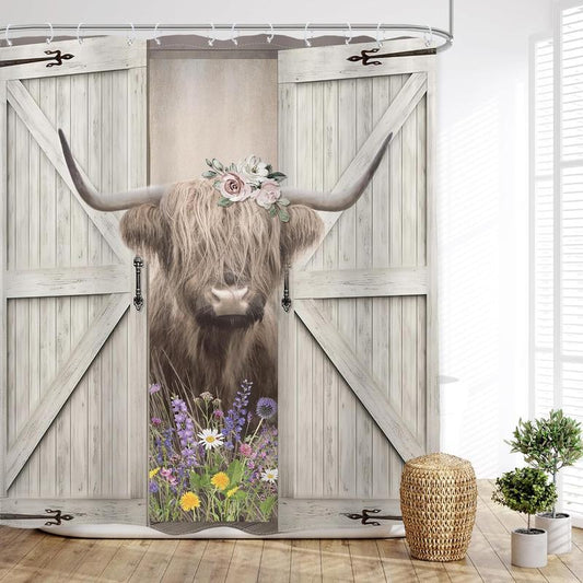 Highland Cow Shower Curtain Western Farmhouse Rustic Wooden Barn Door Cattle Country Bull Wildflower Bathroom Floral Plant 60Wx72L Inches Bath Accessories Art Home Decor Fabric 12 Pack Hooks Plastic Metal