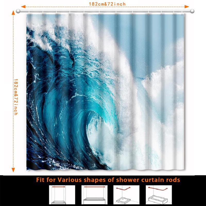 Sea Wave Print Shower Curtain, Waterproof Shower Curtain with 12 Hooks & 1 Tieback, Bathroom Accessories for Home, Home Essentials