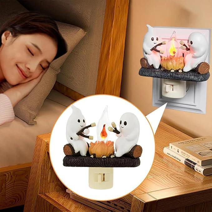 Breamies Halloween Hand Made Ghost Campfire Flickering Nightlight-Indoor Decorations,Night Light,Roasting At Campfire, Faux Campfire Night Light Plug into Wall for Home Decor Set,Spooky Fire Marshmallow children's Gifts Decoration Ornaments