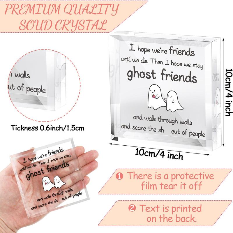 Creative Cartoon Ghost & Letter Pattern Square Acrylic Plaque, Desktop Decorative Ornament, Friendship Gift for Friend, Farewell Gift for Bestie, Keepsake for Home and Office Decor