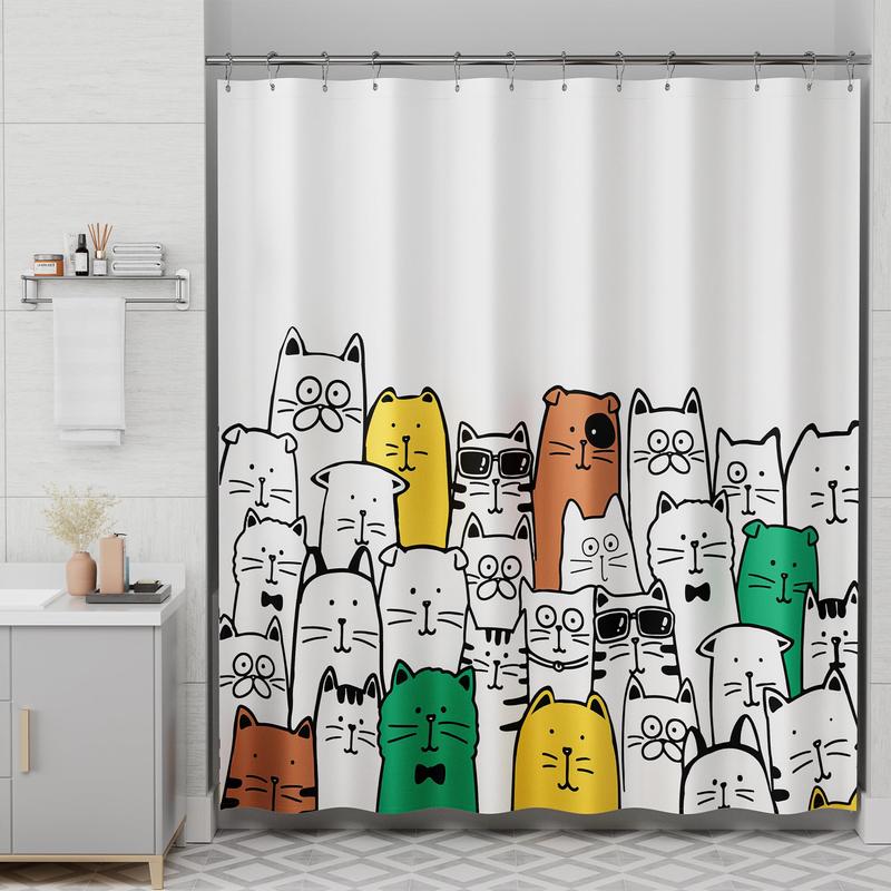 AmazerBath Shower Curtain, Washable Cute Kitty Carnival Cloth Shower Curtain Set with 12 Rust Resistant Metal Hooks, Decorative Waterproof Fabric Black and White Shower Curtain for Kids' Bathroom, 72x72 Inches