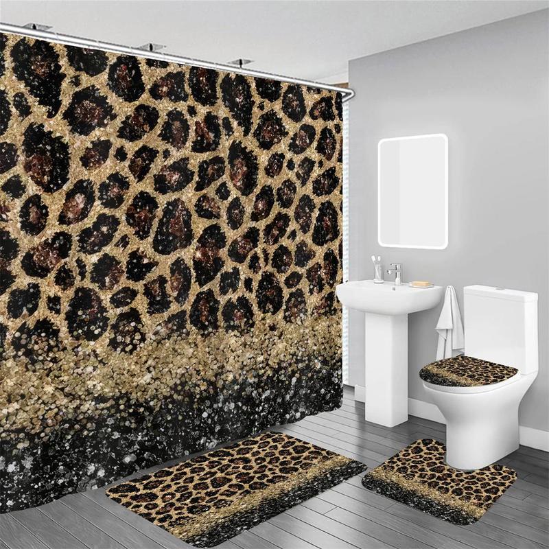 Leopard Print Bathroom Decor, 4pcs/set Innovative Non-slip Waterproof Shower Curtain & Toilet Lid Cover Pad & Thickened Toilet U-shape Mat & Toilet Lid Pad, Bathroom Accessories for Home Hotel Salon