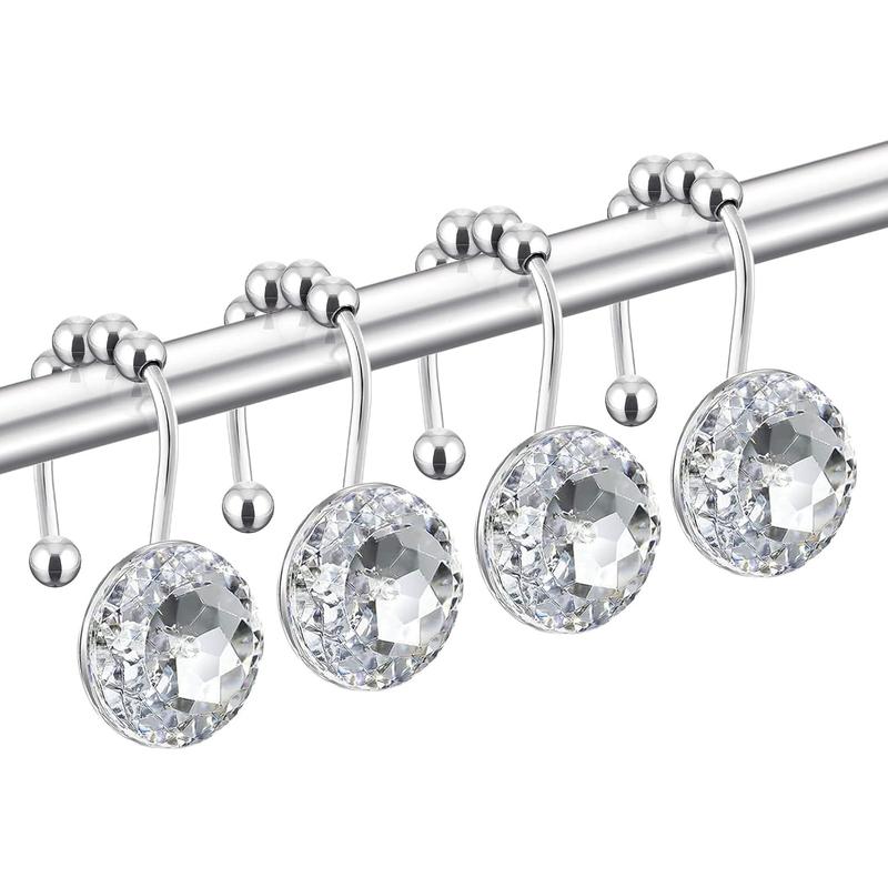 HBlife 12 Pcs Acrylic Decorative Rolling Diamond Shower Curtain Hooks Rust Proof with Glide Balls Rhinestones Crystal Bling Shower Curtain Hooks for Curtain and Shower Rod, Clear Round