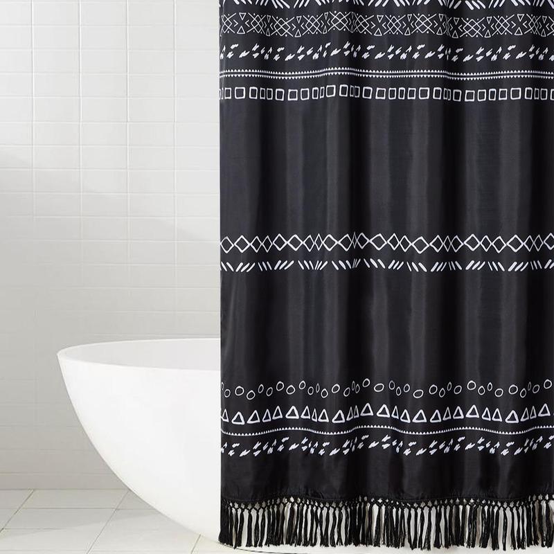 Boho Style Geometric Print Shower Curtain with Tassel, 1 Count Waterproof Shower Curtain with Hooks, Bathroom Supplies for Home Use