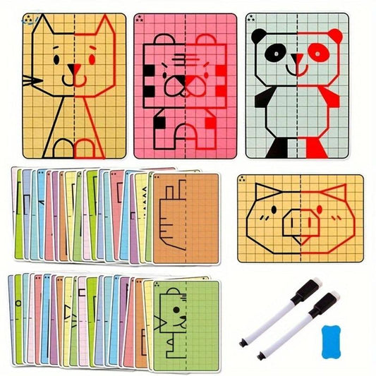 Cartoon Pattern Drawing Card, 20pcs/set Cute Cartoon Lattice Symmetrical Drawing Graphics Puzzle Toy, Creative Concentration Train Tracing Painting Card,?School & Educational Supplies