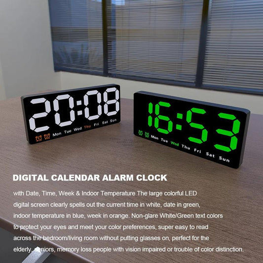 Large colorful LED  Alarm Clock with DateTemperature Large Display Day Clock Battery Backup 12/24H Wall clock Decor Adjustable light alarm  wallclock digital large clock