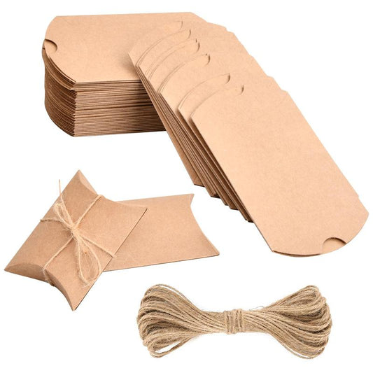 Kraft Paper Candy Treat Box with Rope, 50pcs Kraft Cardboard Boxes with Hemp Rope, Gift Wrapping Box, Candy Packaging Box for Wedding Birthday Party Valentine's Day Gift