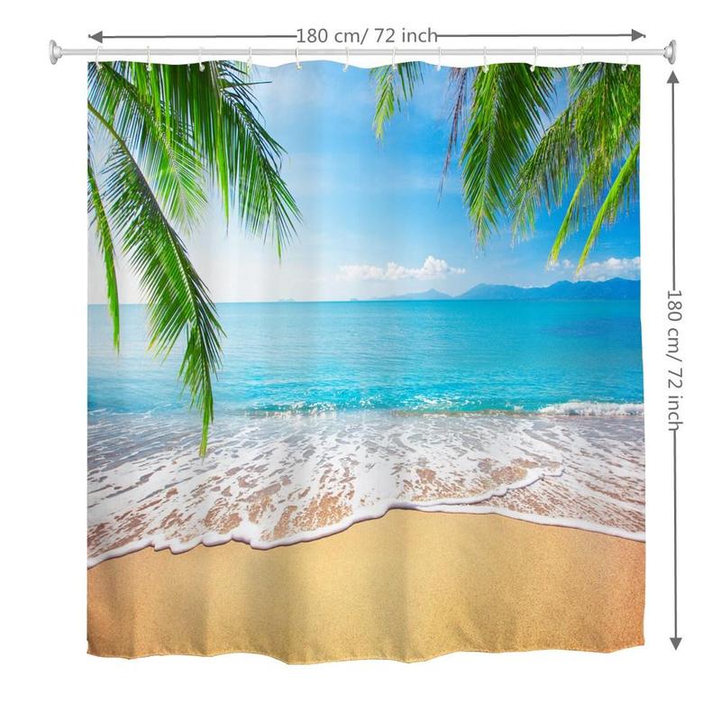 Beach Pattern Shower Curtain, 1 Count Tropical Palm Pattern Waterproof Shower Curtain, Bathroom Accessories