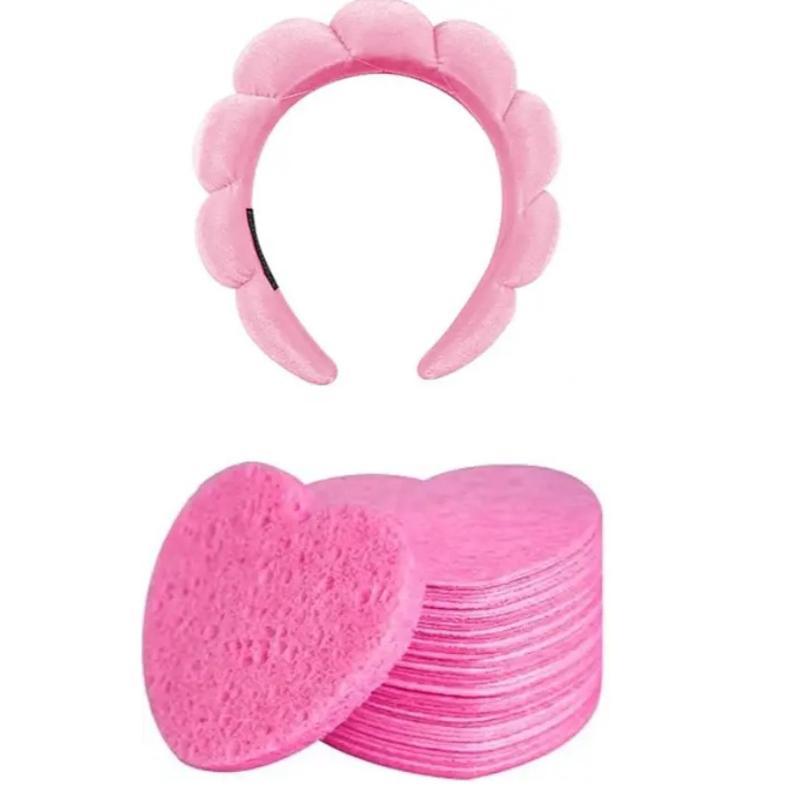 Heart Shaped Face Puffs & Headband Set, 41pcs/set Skin Care Face Cleaning Tool Set, Including 40pcs Face Puff & 1 Count Headband, Professional Skincare Tools for Women, Comfort Hygiene Products