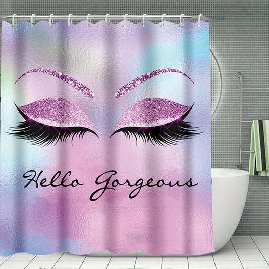 Eyelash Pattern Shower Curtain (1 Piece), Hello Gorgeous Letter Graphic Shower Curtain with 12pcs Hooks, Waterproof Shower Curtain, Bathroom Supplies