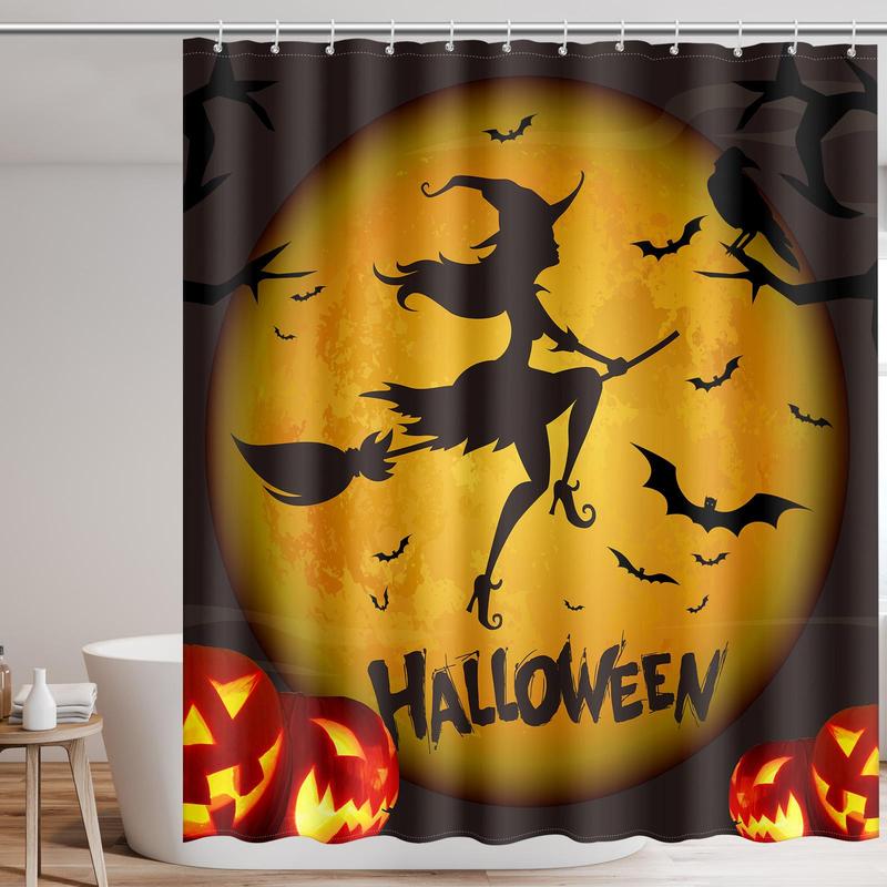 Halloween Themed Shower Curtain, Skull & Pumpkin & Castle Pattern Bathroom Curtain with 12pcs Hooks, Waterproof Shower Curtain for Bathroom Decor