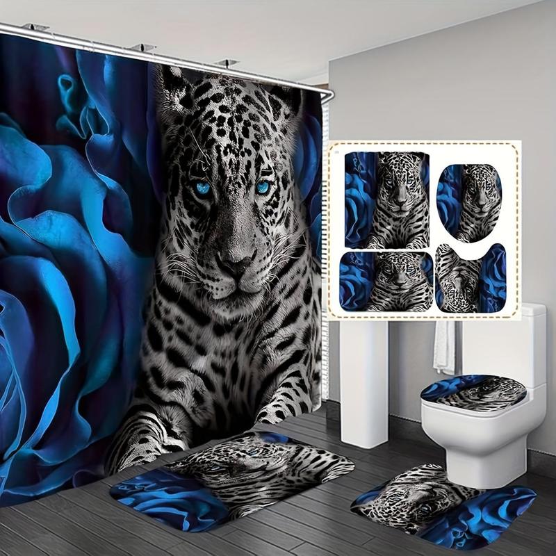 Leopard & Rose Pattern Bathroom Accessories (4 Counts), Including Waterproof Shower Curtain, Toilet Lid Cover, Mat & U-shaped Mat, Summer Fathers Day Gift