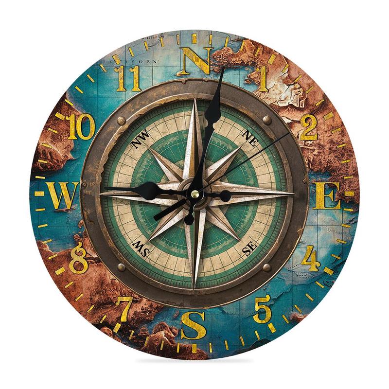 Wooden Wall Clock, Round Wall Clock with Compass Rose Element, Wall Art Decor for Home Farmhouse Office Studio Living Room Cafe Coffee Shop Club