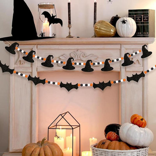 Bat & Witch Hat Design Beaded Hanging Decor, 2 Counts Halloween Party Hanging Decoration, Wall Hanging Ornaments for Home Party Decor, Fall Gifts, Halloween Decor