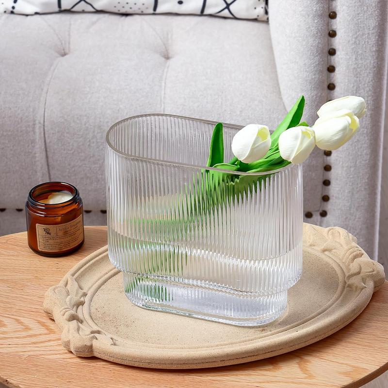 CEWOR Ribbed Clear Glass Vase Aesthetics Flower Vases 8 Inch for Centerpieces Modern Fluted Design for Wedding Dinner Table and Bedroom and Home Decor