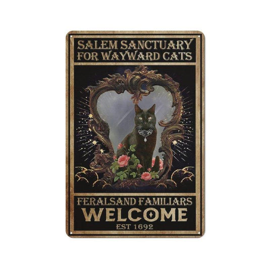 Vintage Witch Cat Graphic Metal Tin Sign, 1 Piece Retro Cat Witch Wall Art Sign For Home Decor Gifts