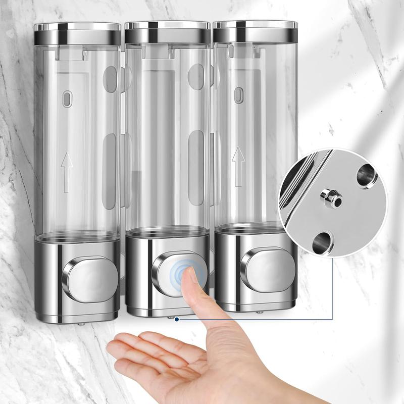 Shampoo & Conditioner Dispenser - 3 Chamber No-Drill Wall-Mounted Shower Dispenser for Bathroom, Hotel, Kitchen -  Electroplated Silver  Soap  Hand