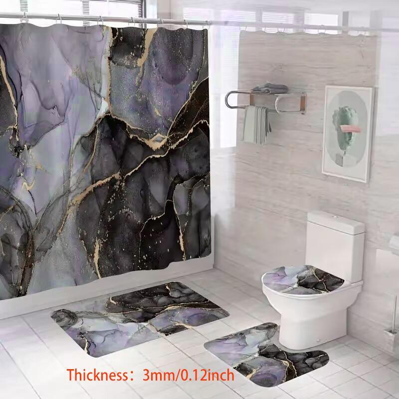 Marble Pattern Shower Curtain Set, 4 Counts/set Waterproof Bath Curtain U-shaped Mat and Toilet Cover Mat Set, Bathroom Accessories, Bathroom Furniture, Bathroom Decor, Halloween Decor, Fall Decor