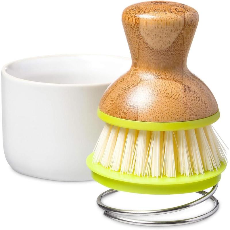 Bubble Up Ceramic Soap Dispenser & Bamboo Handle Dish Brush - Replaceable Kitchen Dish Scrubber with Soap Holder, White