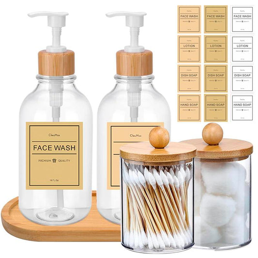 ChezMax Bamboo Bathroom Accessories Set of 17, 2 Soap Dispenser, 2 Plastic Qtip Holder Jars Swith Bamboo Lid, Tray and 12 Waterproof Label for Boho Decor Bathroom Counter Toilet