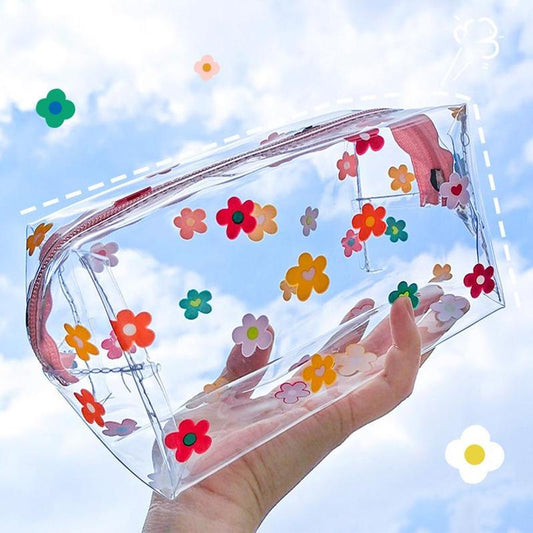 Transparent Makeup Bag, Summer Floral Pattern Clear Cosmetic Bag with Zip, Portable Makeup Organizer Pouch, Multifunctional Waterproof Toiletry Bag