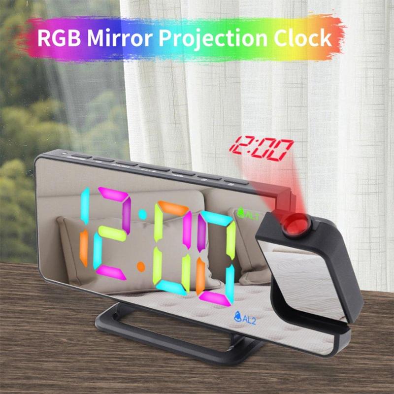 RGB?Mirror Projection Clock, USB Powered Creative Six Levels Of Brightness Adjustable Digital Alarm Clock, Automatic Photosensitive Function Alarm Clock with RGB?Screen for Home Bedroom