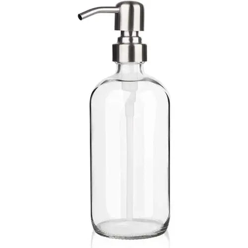 Glass Soap Dispenser - Clear Dish for Kitchen, Refillable Liquid Hand with Rust Proof Stainless Steel Pump Bathroom, Countertop (17 Ounce/ 500 ML)