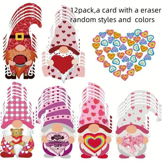 Valentine's Day Card for School, 12pcs/set Random Cute Gnome Design Valentine's Day Card with Heart Eraser, Valentine's Day Classroom Exchange Gift, Anniversary Wedding Romantic Decorations, Unique Valentines Day Gifts