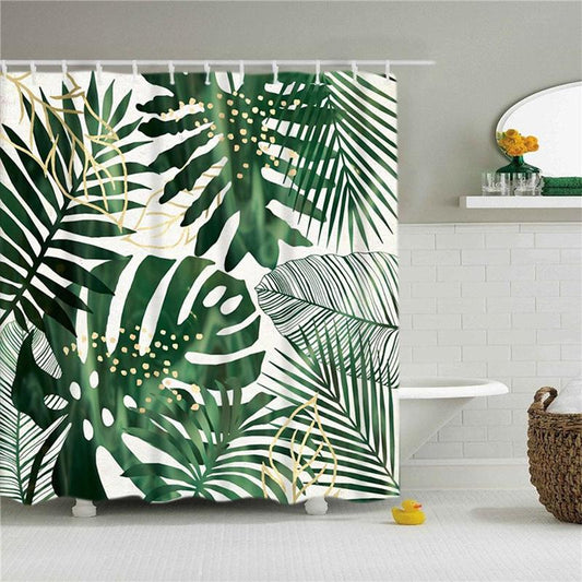 Bathroom Decor Accessories, Tropical Leaf Print Shower Curtain, Boho Style Waterproof Shower Curtain with Hooks, Household Bath Curtain for Home Bathroom