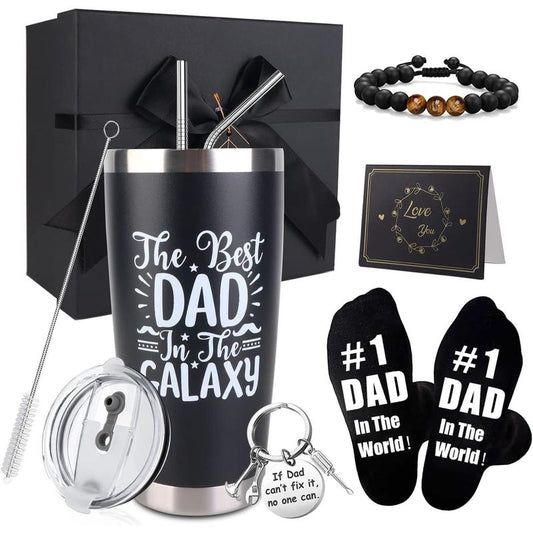 Dad Gifts, 8countFathers Day Gift Includes 20oz Tumbler with Lid Straw Brush Socks Bracelet Key Chain Thanks Card Gift Box, Dad Ever Gifts from Daughter Son for Christmas Birthday