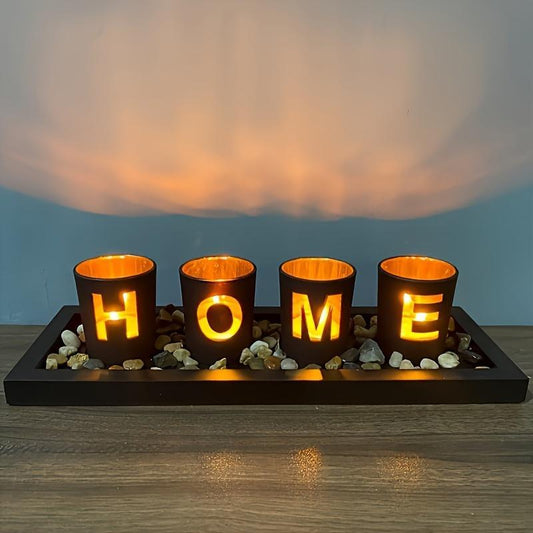 Home Letters Design Glass Candle Holder, 1 Set Including Four Cup Creative Warm Lovely Candle Holder with Wooden Base & Mini Decorative Stone, Lighting Decor for Home Living Room Office Dinning Room