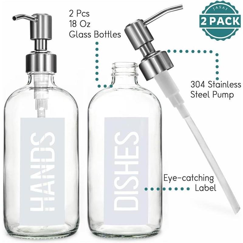 2Pack 18OZ Glass Soap Dispenser with Rustproof Stainless Steel Pump, Kitchen Soap Dispenser with Hands & Dishes Label,Dish Soap Dispenser for Kitchen (White), Useful Gift