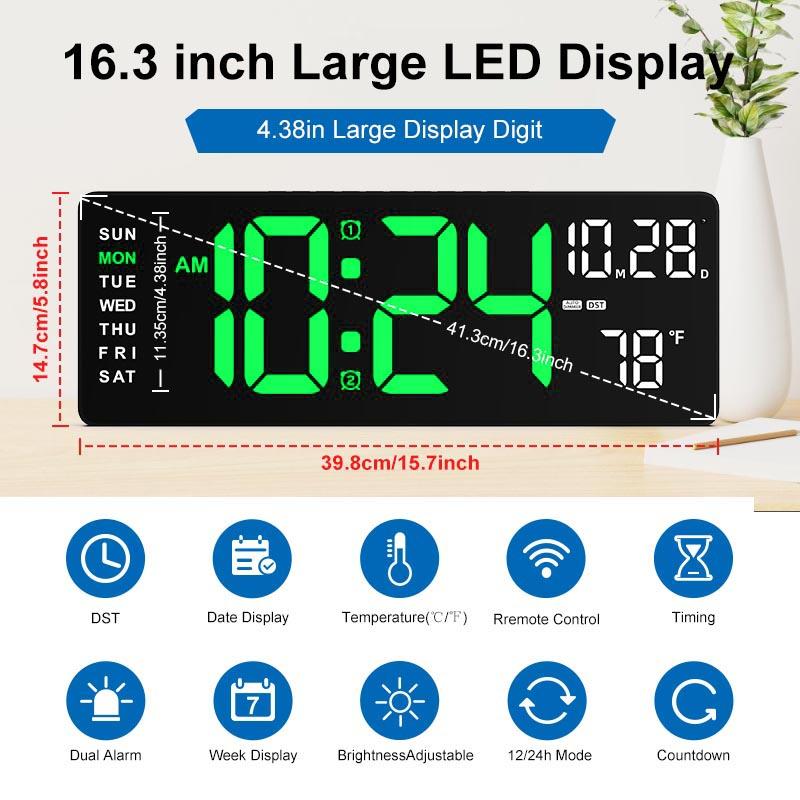 16.5 Inch Large Digital Wall Clock with 7 Color Changing Night Lights, Auto Dimmer LED Wall Clock Large Display with Remote, Date, Indoor Temperature, DST, Clear Read Digital Clock aesthetic Large Display for home,office,workplace,gaming room,trailer,gift