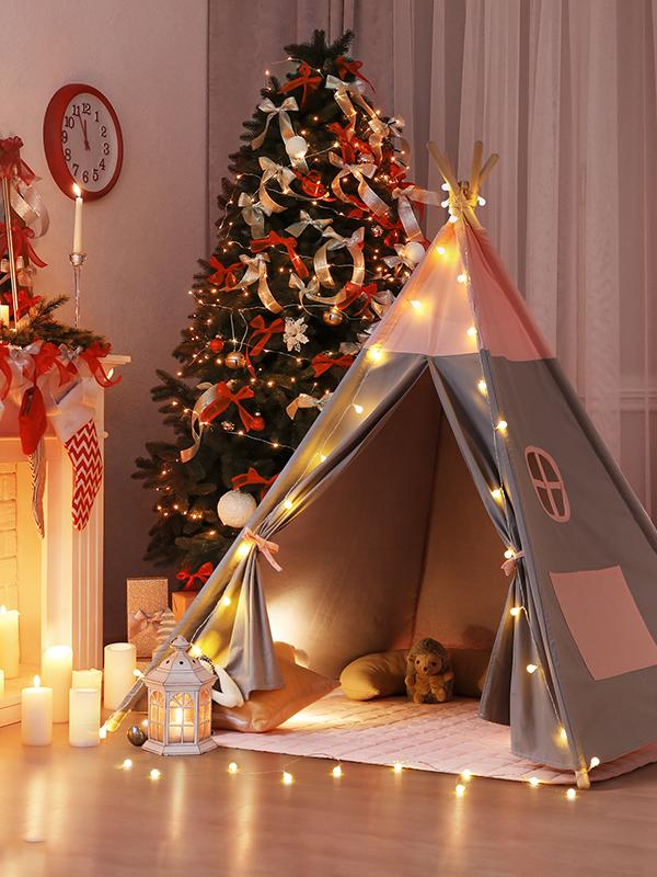 Children's fairy tale castle tent Christmas tent Christmas gift, storage bag with small window, large space, with cushion, LED light game tent