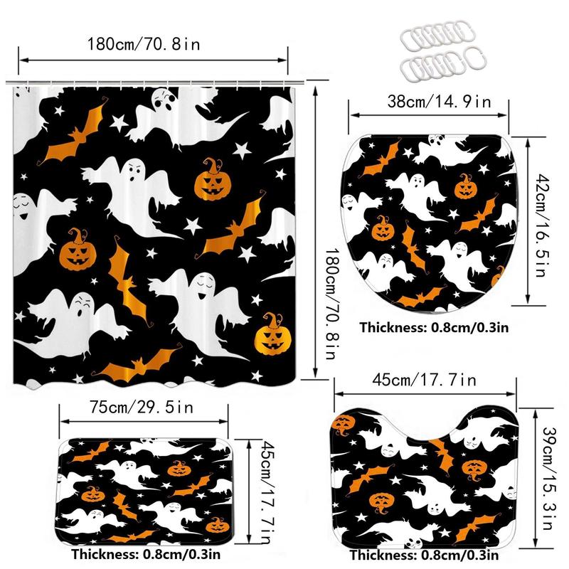 Halloween Ghost and Pumpkin Pattern Bathroom Decor Set, Shower Curtain Sets, 1 Waterproof Shower Curtain & 1 Bathroom Rug & 1 Toilet U-shape Mat & 1 Toilet Lid Cover Pad, Bathroom Accessories