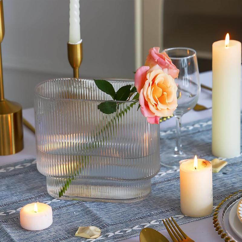 CEWOR Ribbed Clear Glass Vase Aesthetics Flower Vases 8 Inch for Centerpieces Modern Fluted Design for Wedding Dinner Table and Bedroom and Home Decor