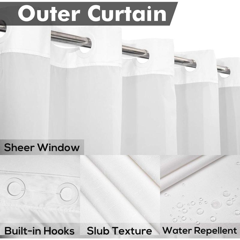 Long No Hook Slub Textured Shower Curtain with Snap-in Liner Set - 71" x 80"(78"), Hotel Style with See Through Top Window, Fabric Curtain & Waterproof Liner, White, 71x80