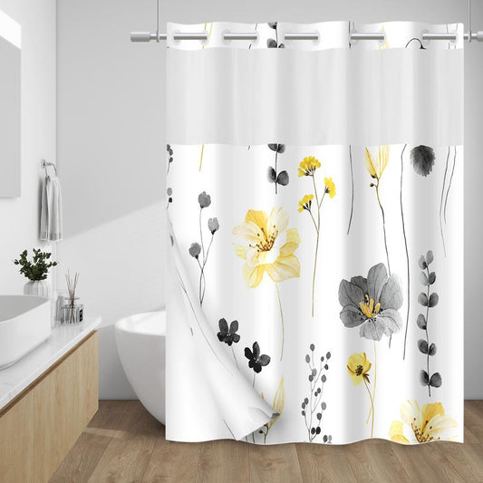 WITHLOC No Hook Shower Curtain with Snap in Liner - Watercolor Floral Shower Curtain - Fabric Waterproof Inner Liner, Plants Flowers White Cloth Shower Curtains Washable, 71 x 74 Inch/71 x 86 Inch