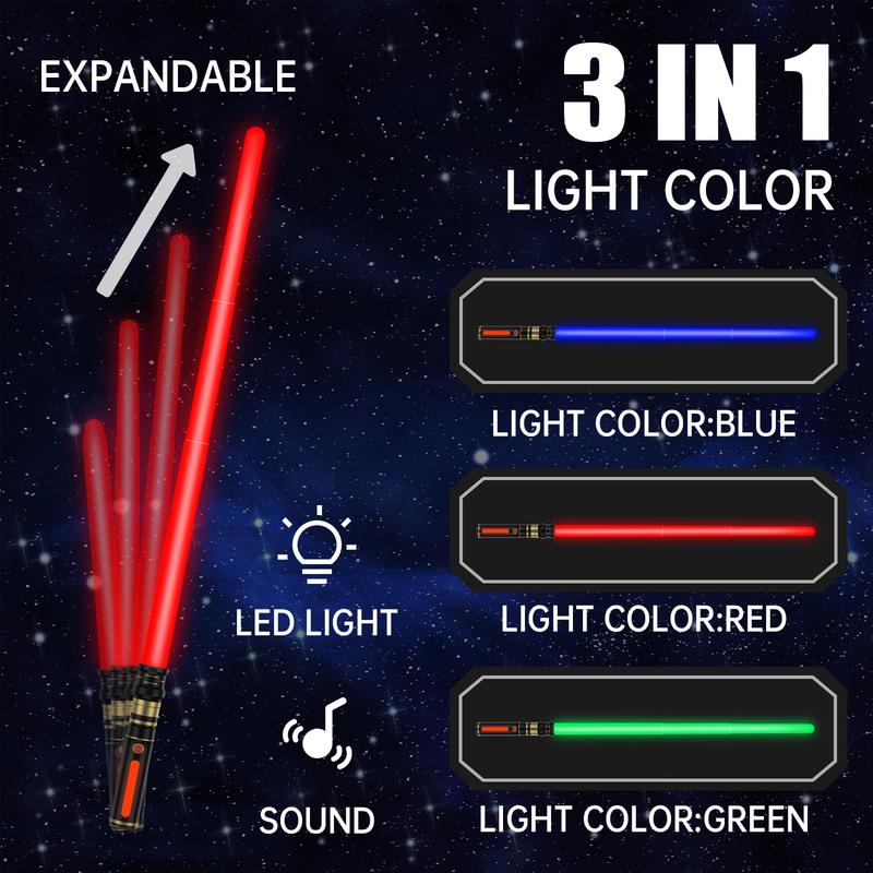 Light up Sabers for Kids, 3 Packs 3 Colors Light Sword with FX Sound (Motion Sensitive) and Glowing Handle, Expandable Light Sabers Set for Halloween Xmas Children's Day Gifts